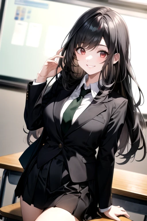 female, alone, Black hair, red eyes, School classroom,  Big Breasts , nice body, mature, Long hair, bangs, High school student,  Korea , White , black suit, black skirt, green tie, Smiling face