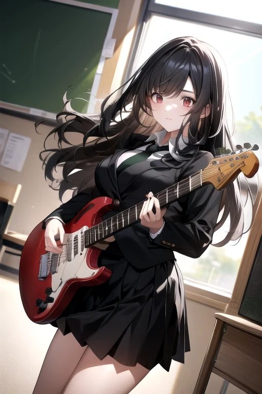 female, alone, Black hair, red eyes, School classroom,  Big Breasts , nice body, mature, Long hair, bangs, High school student,  Korea , White , black suit, black skirt, green tie, Electric guitar, playing