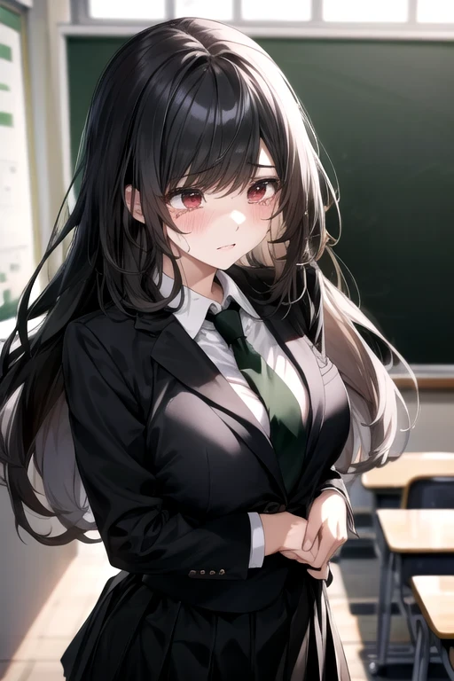 female, alone, Black hair, red eyes, School classroom,  Big Breasts , nice body, mature, Long hair, bangs, High school student,  Korea , White , black suit, black skirt, green tie, sad expression, tears