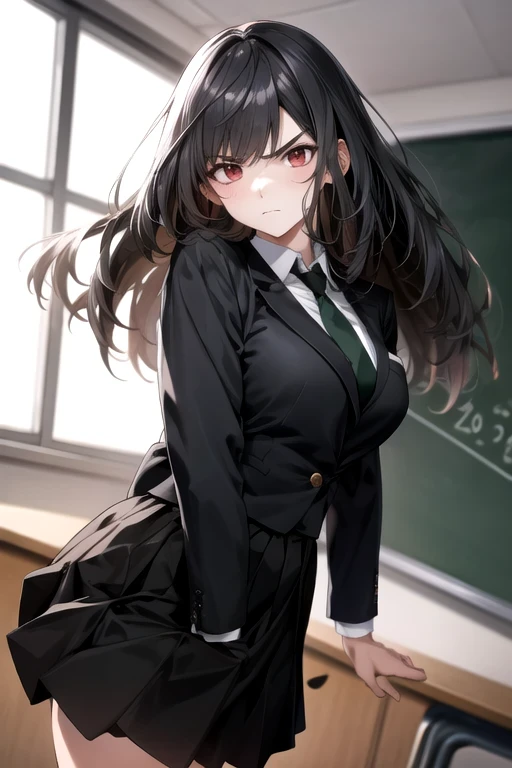 female, alone, Black hair, red eyes, School classroom,  Big Breasts , nice body, mature, Long hair, bangs, High school student,  Korea , White , black suit, black skirt, green tie, angry face, Get annoyed