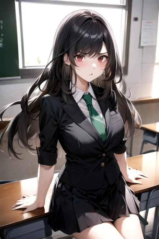 female, alone, Black hair, red eyes, School classroom,  Big Breasts , nice body, mature, Long hair, bangs, High school student,  Korea , White , green tie,  surprised expression, Angry 