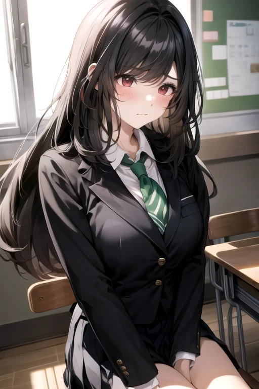 female, alone, Black hair, red eyes, School classroom,  Big Breasts , nice body, mature, Long hair, bangs, High school student,  Korea , White , green tie, sad face, teardrop