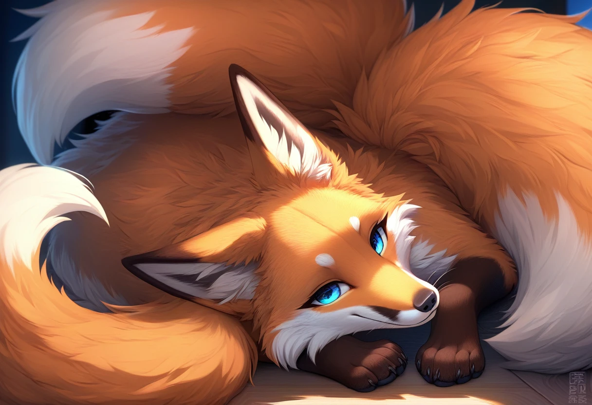 Extreme detail, detailed fluffy fur, full body, Detailed eyes, (Shaded), (Detailed lighting), (Cinematic lighting), (Masterpiece, hi res, high resolution, High details, Best quality, high sharpness:1.3), high definition, BREAK, logo banner, woven, beautiful, cute, fox ears, (long and fluffy fox tail), (digitigrade, fox paws on feet), (elongated fox snout), orange fur, feral fox, feral, animal, kitsune, red fox, lying on ground curled up with tail wrapped around self, smiling cutely, looking at viewer, japanese letters arranger vertically, night