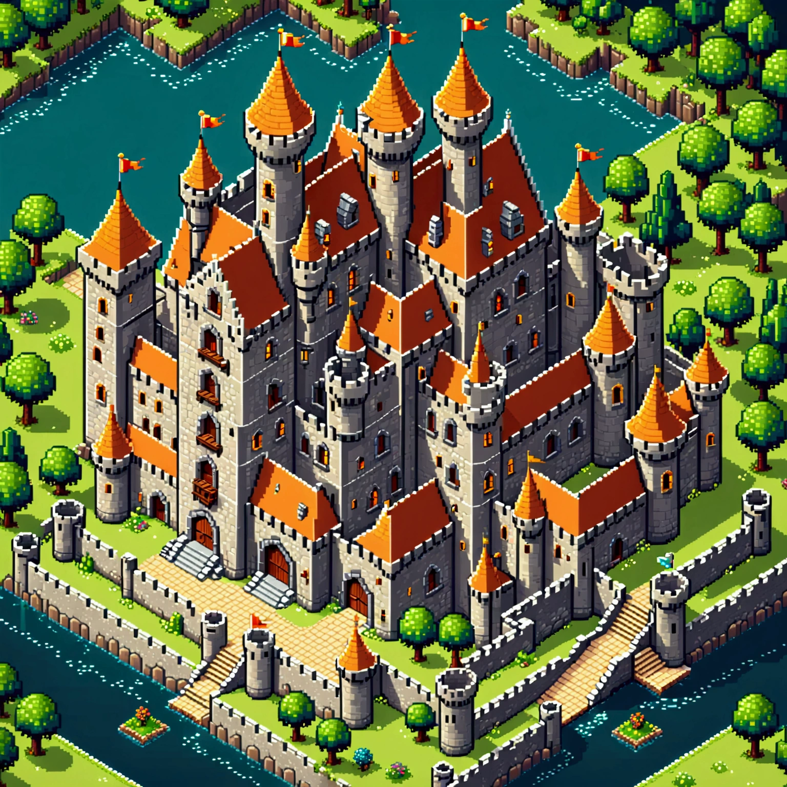 castle, a clean lines, top view, flat colors, pixel art, cartoon style, sprite for the game, retro-games style