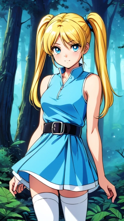 (1girl, Alone, Bubbles), (extremely detailed CG unit 8k wallpaper),(master part), (best quality), (ultra detail), (best illustration),(90s style), cowboy shot, (Sharp eyeliner, ombre, detailed eyes:1), forest, outdoors background, ,break, upper body, (yellow-blonde hair, blue eyes, short twintails, pigtails), (dress, sky-blue sleeveless dress, simple black belt, white thighhighs)