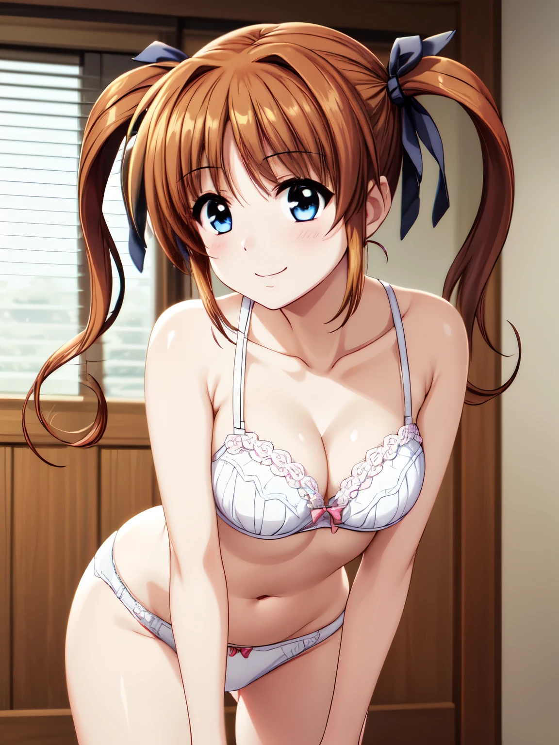  Kampala、Best Quality、One Girl, solo、smile、blush、(  anime illustration:1.2), Nanoha Takamachi, Brown Hair, Stomach、naked, twin tails, Blue Eyes, smile, Closed Mouth,  standing , indoor、bet、 beautiful brown hair 、Attractive eyes、( white underwear、、Pink underwear), Best Quality,  Kampala, A unified 8k wallpaper, (figure:0.8), ( Beautiful Attention to Details :1.6),  high definition face,  perfect lighting , High-definition CG, (Perfect Hand,  perfect anatomy ),Leaning forward