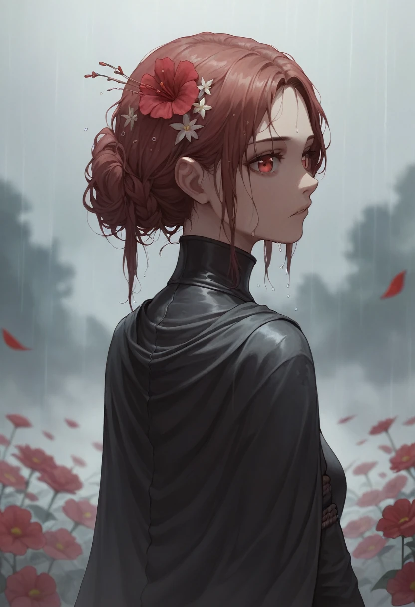  1 girl ,Alone, 1 girl ,Alone,((  Beautiful Detailed Eyes Kneeling With Hands Bound )), (Detailed description ), depth of field,(白hair),hair,(Red Flower ),  hair flower,長いhair,Black Cape,Wet,Expressionless,looking back, Knight ,Starfall, It's raining,fog,Red Flowers falling,sketch, upper body,Intense Shadows,