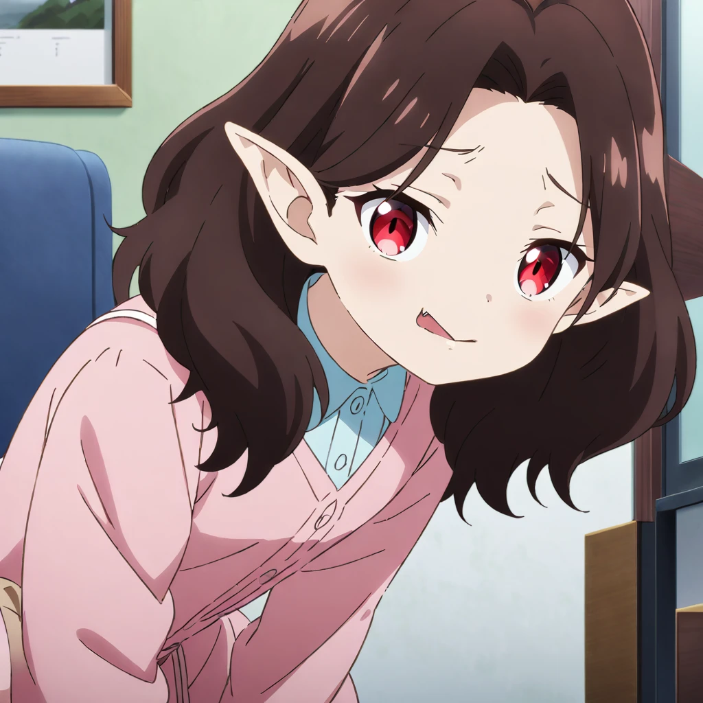  Anime Artwork, Vampire Girl,  a cute girl with fluffy hair with a short back  , She has beautiful red eyes ,  she has snake-textured eyes  ,  She has pointy ears  ,  wearing a pink dress and a light blue cardigan,  she's wearing brown leather boots  ,  a mischievous smirking expression  , indoor