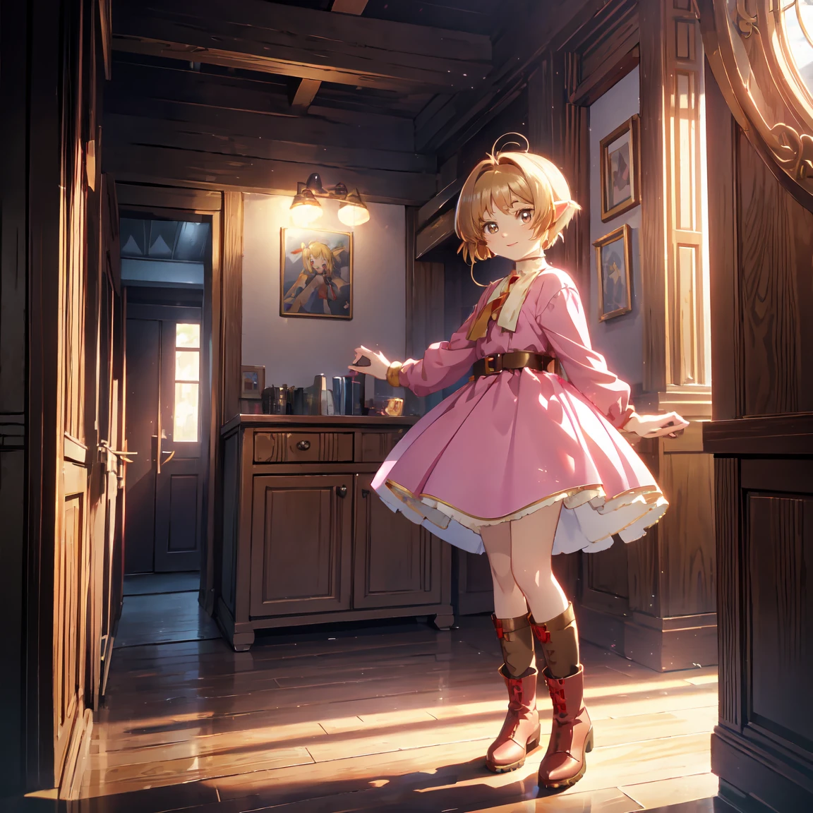  Anime Artwork, Vampire Girl,  a cute girl with fluffy hair with a short back  , She has beautiful red eyes ,  she has snake-textured eyes  ,  She has pointy ears  ,  wearing a pink dress and a light blue cardigan,  she's wearing brown leather boots  ,  a mischievous smirking expression  , indoor