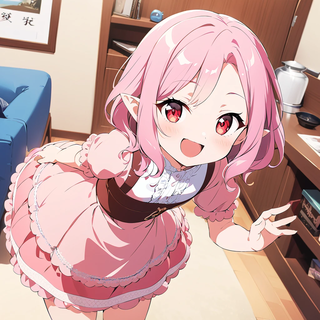  Anime Artwork, Vampire Girl,  a cute girl with fluffy hair with a short back  , She has beautiful red eyes ,  she has snake-textured eyes  ,  She has pointy ears  ,  wearing a pink dress and a light blue cardigan,  she's wearing brown leather boots  ,  a mischievous smirking expression  , indoor