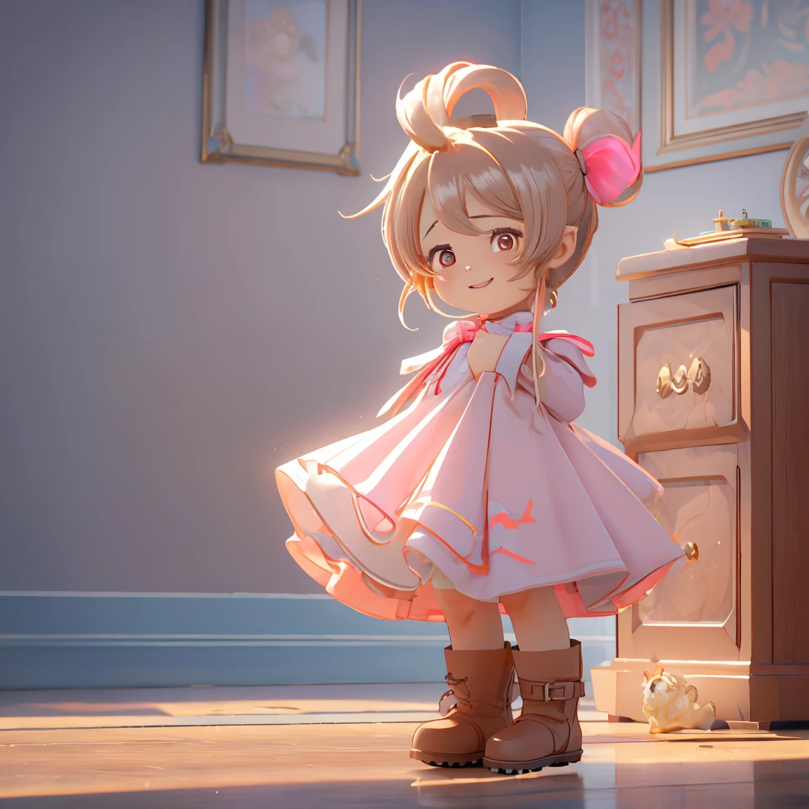  Anime Artwork, Vampire Girl,  a cute girl with fluffy hair with a short back  , She has beautiful red eyes ,  she has snake-textured eyes  ,  She has pointy ears  ,  wearing a pink dress and a light blue cardigan,  she's wearing brown leather boots  ,  a mischievous smirking expression  , indoor