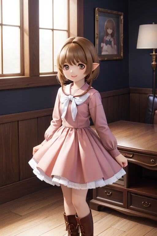  Anime Artwork, Vampire Girl,  a cute girl with fluffy hair with a short back  , She has beautiful red eyes ,  she has snake-textured eyes  ,  She has pointy ears  ,  wearing a pink dress and a light blue cardigan,  she's wearing brown leather boots  ,  a mischievous smirking expression  , indoor