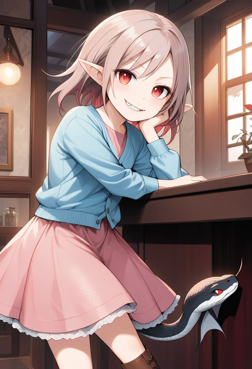  Anime Artwork, Vampire Girl,  a cute girl with fluffy hair with a short back  , She has beautiful red eyes ,  she has snake-textured eyes  ,  She has pointy ears  ,  wearing a pink dress and a light blue cardigan,  she's wearing brown leather boots  ,  a mischievous smirking expression  , indoor