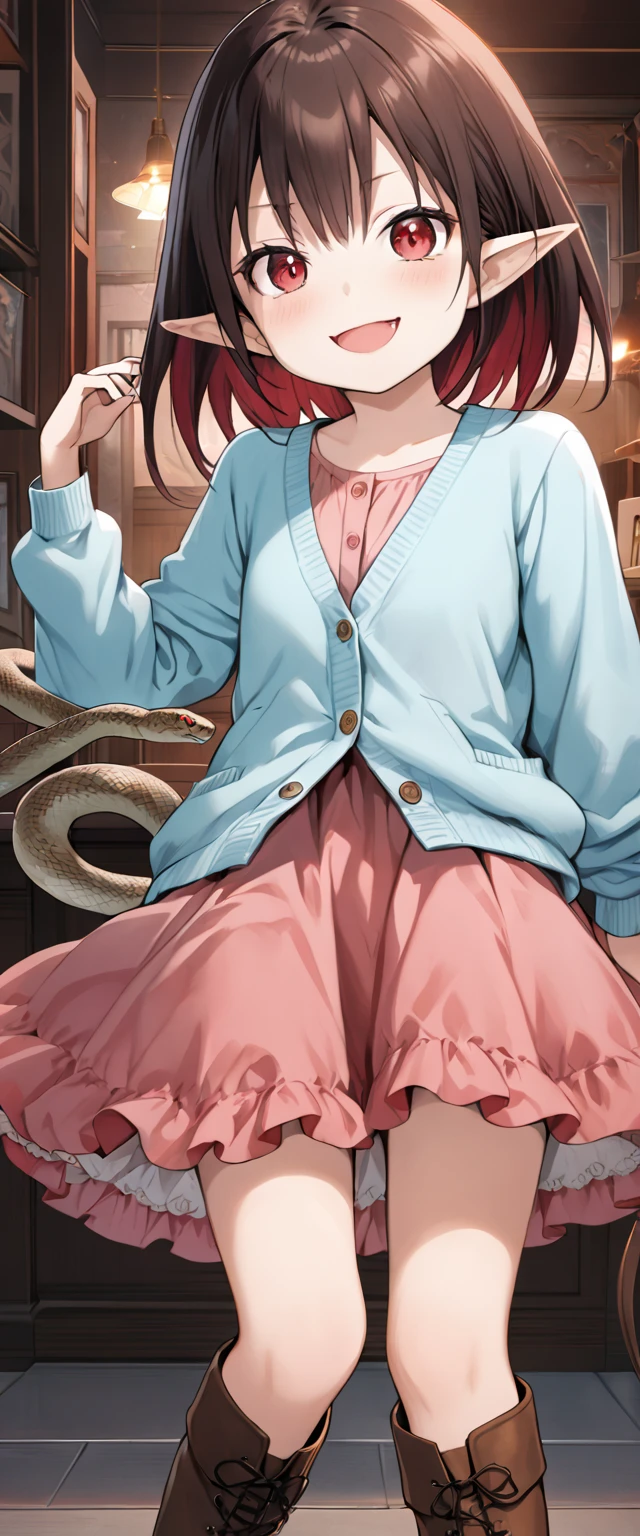  Anime Artwork, Vampire Girl,  a cute girl with fluffy hair with a short back  , She has beautiful red eyes ,  she has snake-textured eyes  ,  She has pointy ears  ,  wearing a pink dress and a light blue cardigan,  she's wearing brown leather boots  ,  a mischievous smirking expression  , indoor