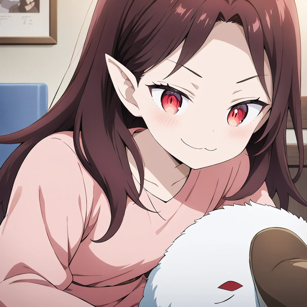  Anime Artwork, Vampire Girl,  a cute girl with fluffy hair with a short back  , She has beautiful red eyes ,  she has snake-textured eyes  ,  She has pointy ears  ,  wearing a pink dress and a light blue cardigan,  she's wearing brown leather boots  ,  a mischievous smirking expression  , indoor