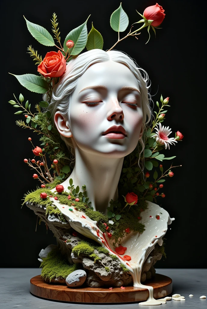 a detailed portrait sculpture of a person with eyes closed and head tilted back, in a forest setting with moss and small animals, highly detailed, (best quality,4k,8k,highres,masterpiece:1.2),ultra-detailed,(realistic,photorealistic,photo-realistic:1.37),intricate stone sculpture, serene expression, forest background, moss covered rocks, tiny forest creatures