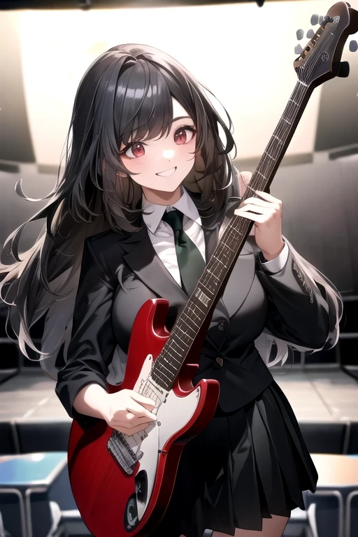 female, alone, Black hair, red eyes, School auditorium , stage,  Big Breasts , nice body, mature, Long hair, bangs, High school student,  Korea , White , black suit, black skirt, green tie, Electric guitar , Smiling face,  dynamic structure, band,  upper body close-up