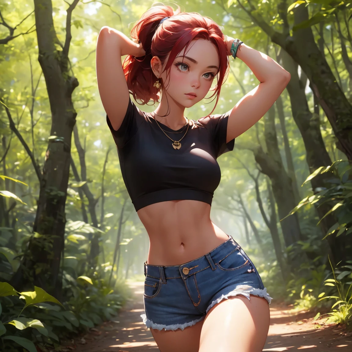 High detail furry girl, with a loose top, red hair, shining cat eyes, a fluffy tail, dynamic pose, tiny and short top with a small skirt, small body, sit stretching her arms with spread legs, embarrassed smiling with open mouth with pointy fangs, blushing, in the woods, low red fur in the arms and legs,