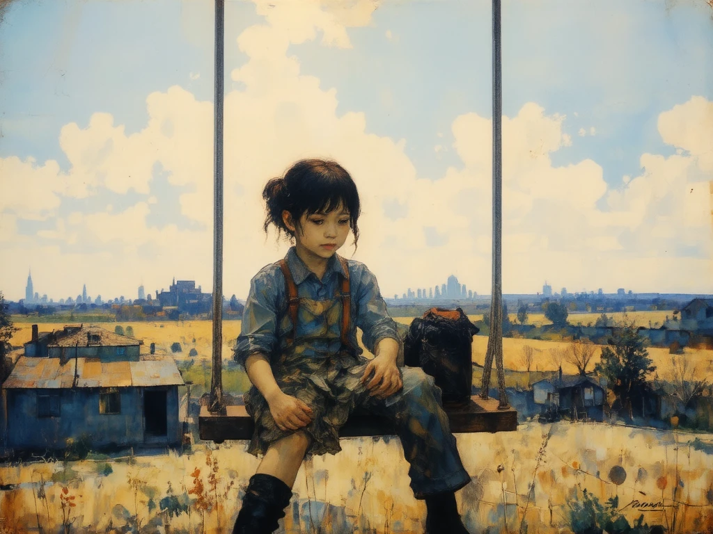 score_9, score_8_up, score_7_up, score_6_up, score_5_up, score_4_up, digital painting of an Asian girl sitting on a swing, Farm meadow, Digital painterly art, warm color palette, (masterpiece:1.3), best quality,