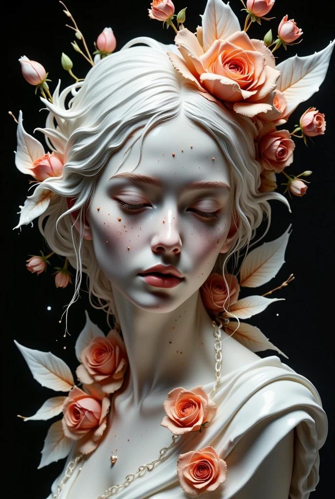 a close up of a statue of a woman with flowers on her head, by Oliver Sin, beautiful digital artwork, james jean and wlop, hyperrealistic art nouveau, hypperrealistic 3 d sculpture, 3 d goddess portrait, jinyoung shin art, realistic 8k bernini sculpture, hauntingly beautiful art, detailed digital 3d art, jingna zhang