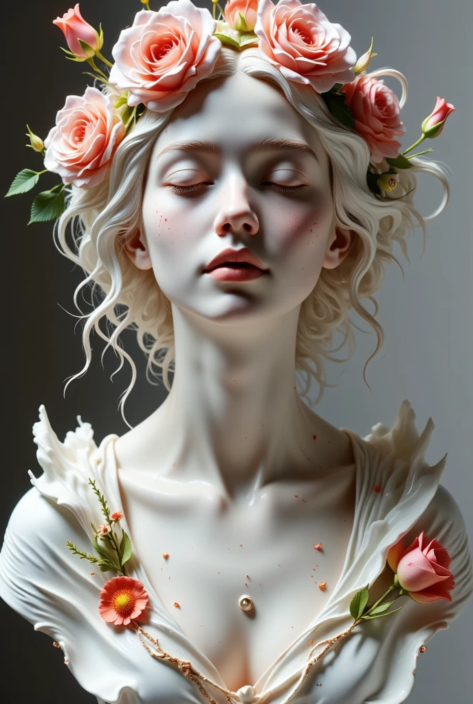 a close up of a statue of a woman with flowers on her head, digital art by Oliver Sin, zbrush central contest winner, digital art, beautiful digital artwork, james jean and wlop, hyperrealistic art nouveau, hypperrealistic 3 d sculpture, 3 d goddess portrait, jinyoung shin art, realistic 8k bernini sculpture, hauntingly beautiful art