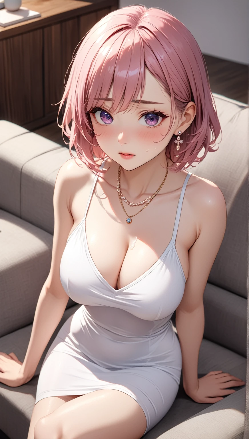 (((masterpiece))),(((High resolution)))、(((8K)))、(((perfect face)))、one beautiful Woman, (((beauty of japan)))、30 years old、(((beautiful face))), Detailed eyes and skin, detailed facial features,(((white tight tanktop dress)), pink short hair, sit on the sofa, tight dress, short dress. embarrassed look, look at the camera, detailed texture, look at the camera, all body, big, cool women, bare legs, living room, casual wife, sexy pose (((high resolution eyes))),（A lot of cum on breast:1.2）、 blush、Humiliated、impatience、Disappointment、Scared、Glare、Be sexually aroused、Taunt、 Embarrassed from、 shiny little earrings and necklace、dressing、Beautiful woman , view from above