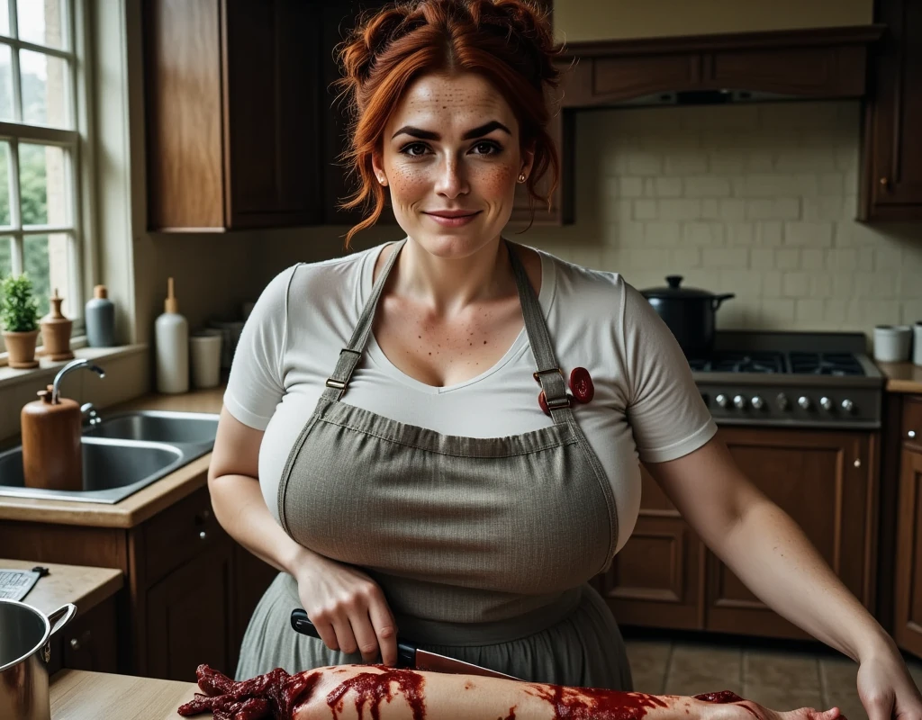 ((lashed)), a woman with short red hair, bondage, collar, smiling at the camera, shy, blushing, cuffs, focus on waist, 4k, 8k, masterpiece, <lora:Lashed_v3:1>