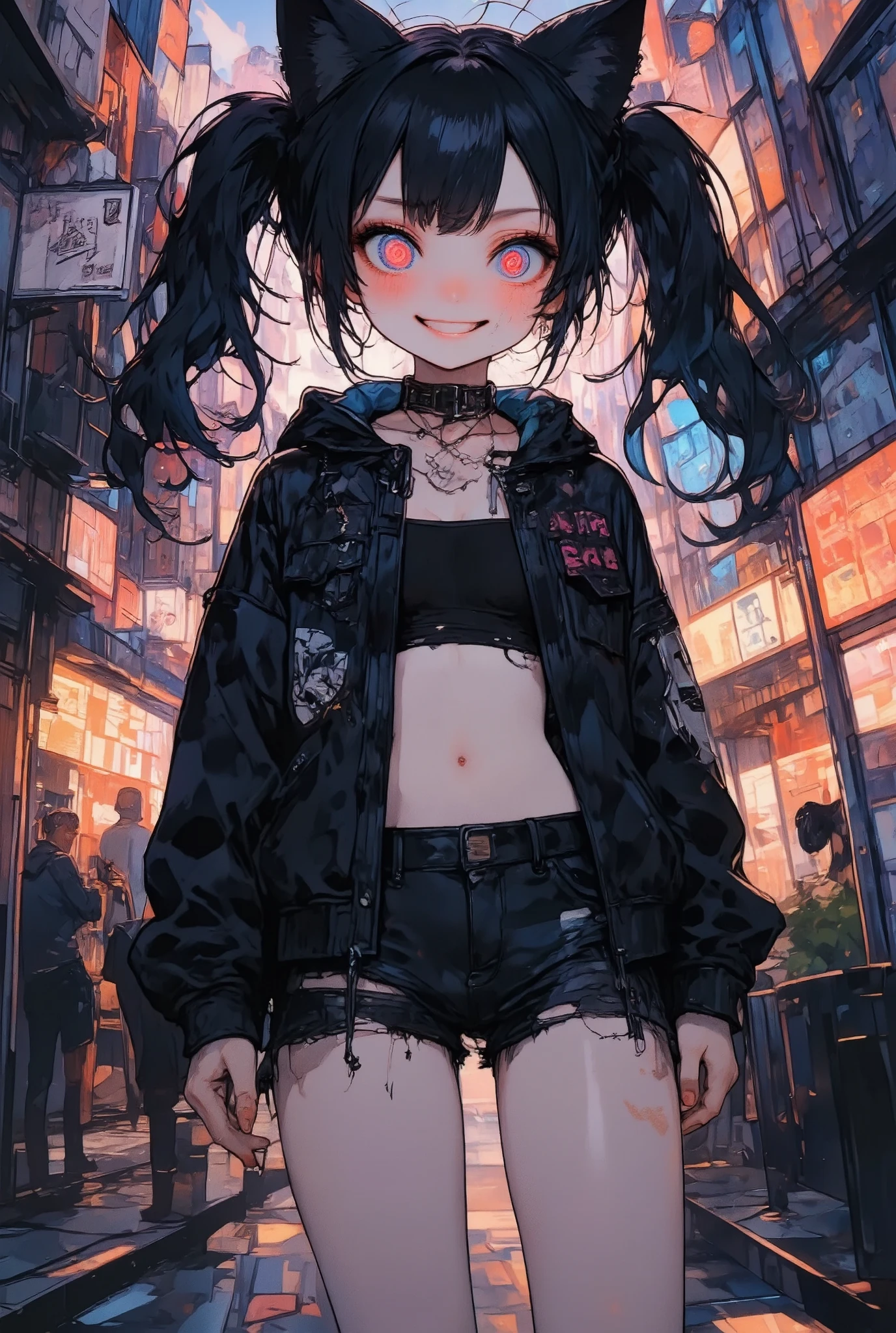 girl\(cute, kawaii, age of 12,evil smile,evil smile,black hair,long hair,twin tails hair,pale skin, skin color blue, red eyes, eyes shining,big eyes,breast,punk fashion,ripped clothes,tight tube top,tight hot pants,stomach shown,ripped black short jacket,fluffy black cat-ear,dynamic pose,spiral eyes,bang,active pose,full body\),background\(outside, noisy city, backstreet, narrow street, neon lights, at night\),landscape of city,dynamic camera work