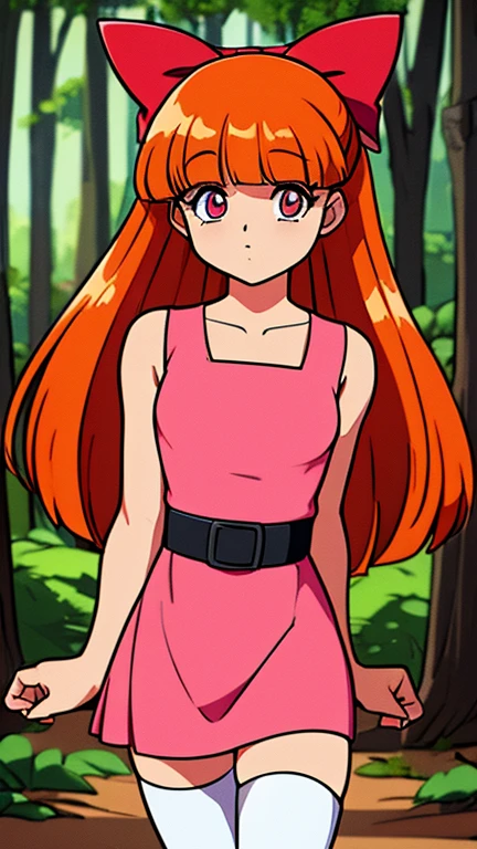 (1girl, Alone, Blossom), (extremely detailed CG unit 8k wallpaper),(master part), (best quality), (ultra detail), (best illustration),(retro artstyle), cowboy shot, (Sharp eyeliner, ombre, detailed eyes:1), forest, outdoors background, ,break, upper body, long  orange hair, blunt bangs, pink eyes, hair bow, red bow, simple pink dress, simple black belt, white thighhighs