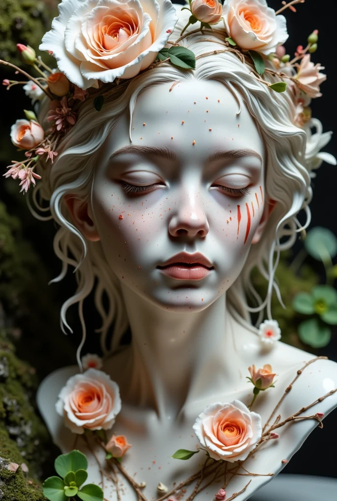 a close up of a statue of a woman with flowers on her head, by Oliver Sin, beautiful digital artwork, james jean and wlop, hyperrealistic art nouveau, hypperrealistic 3 d sculpture, 3 d goddess portrait, jinyoung shin art, realistic 8k bernini sculpture, hauntingly beautiful art, detailed digital 3d art, jingna zhang，Nature。moss。