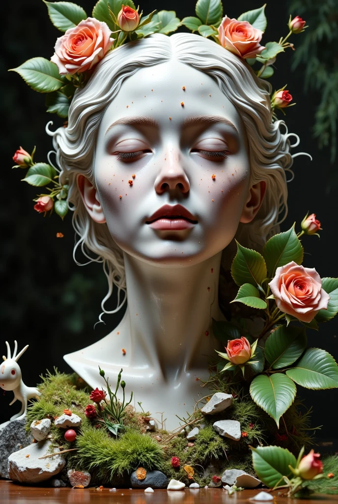 a detailed portrait sculpture of a person with eyes closed and head tilted back, in a forest setting with moss and small animals, highly detailed, (best quality,4k,8k,highres,masterpiece:1.2),ultra-detailed,(realistic,photorealistic,photo-realistic:1.37),intricate stone sculpture, serene expression, forest background, moss covered rocks, tiny forest creatures