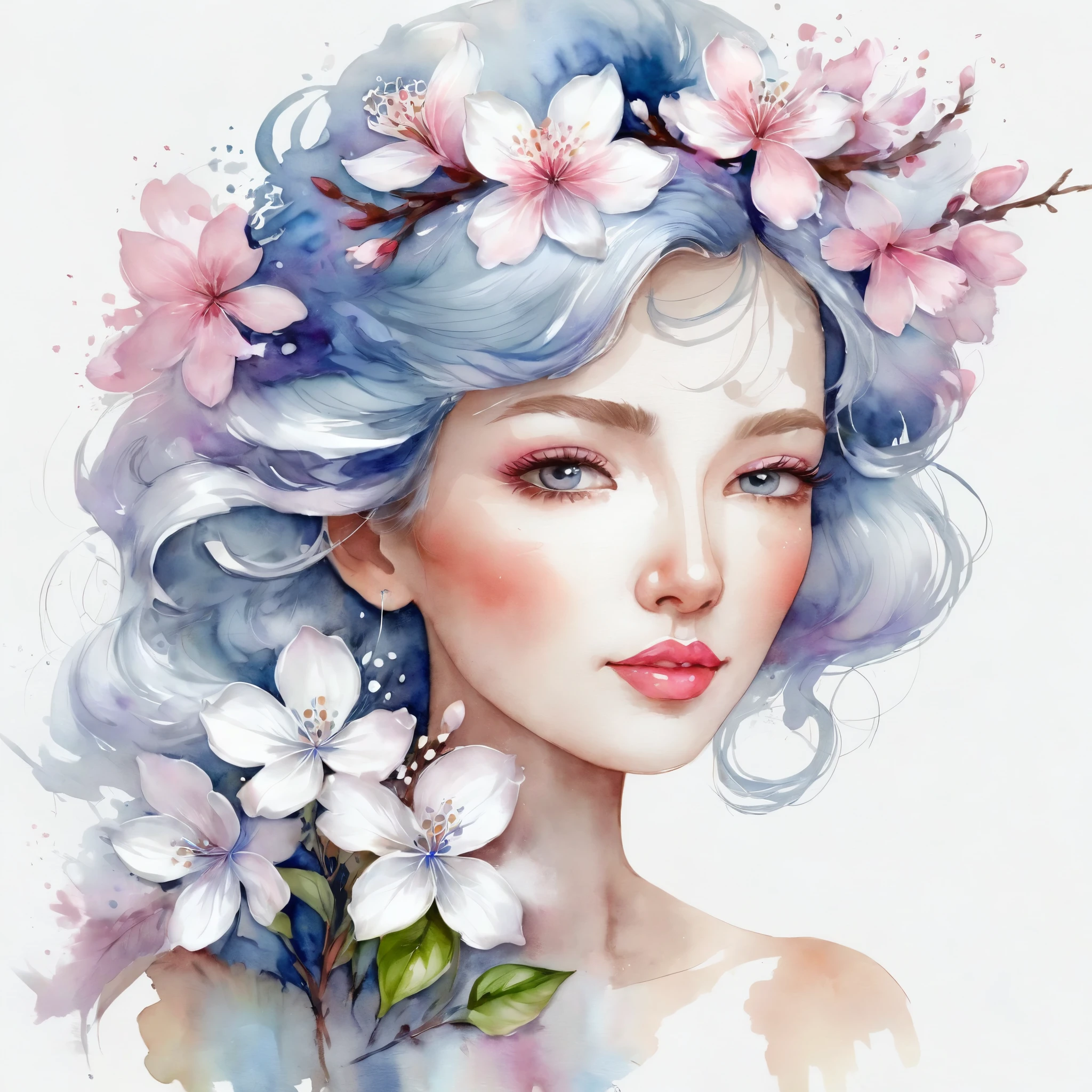 Painting of a woman with blossom flower White pink lilac blue in the hair, detailed watercolor art, digital painting in watercolor, watercolor illustration, watercolor illustration style, watercolor painting, watercolor art, Watercolor Digital, Watercolor Digital, Mulher nas blossom flower White pink lilac blue, watercolor style, Watercolor Artestyle, beautiful works of art, watercolor drawing, watercolor painting style, Watercolor painting art, exquisite digital illustration, watercolor effect, Expressive female face
