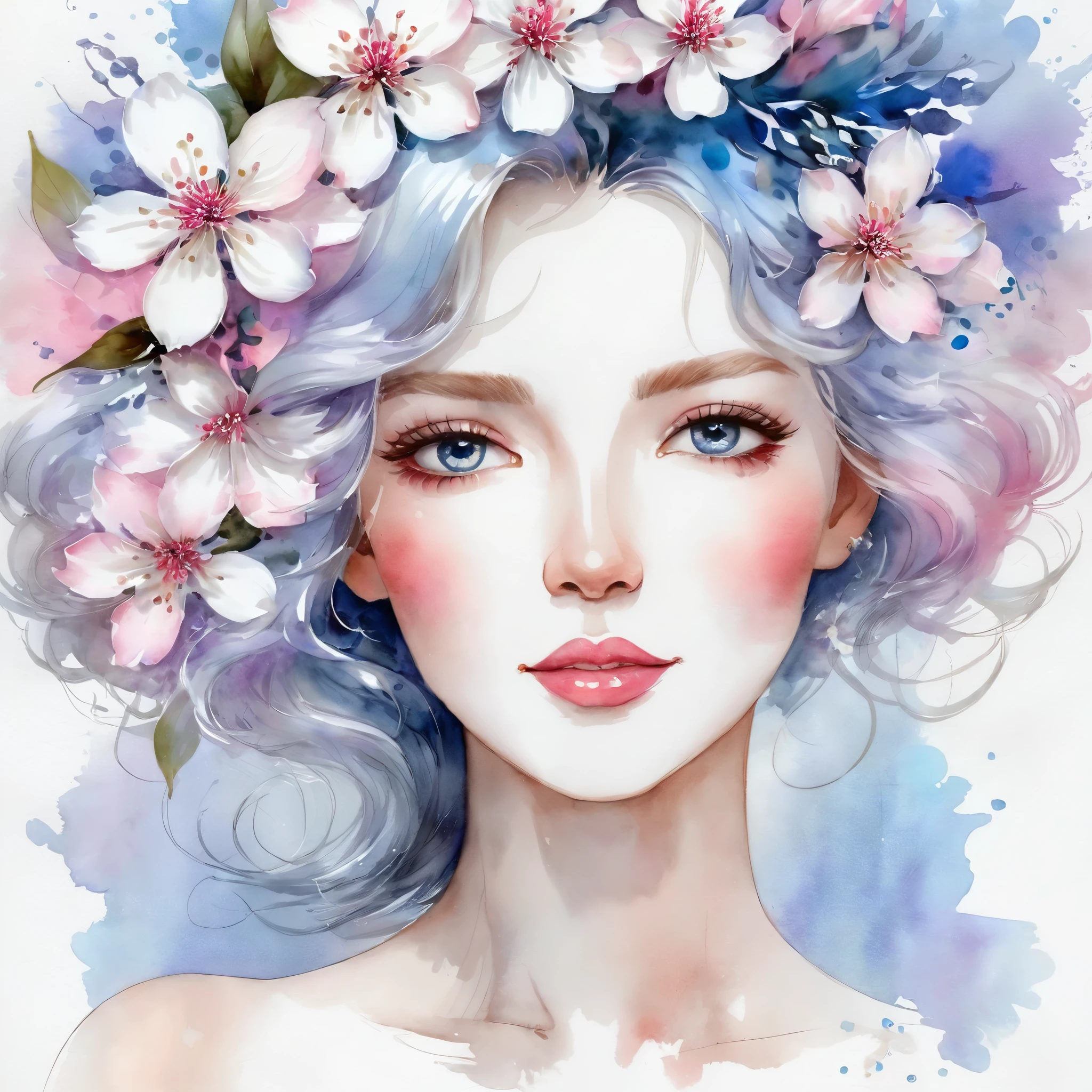 Painting of a woman with blossom flower White pink lilac blue in the hair, detailed watercolor art, digital painting in watercolor, watercolor illustration, watercolor illustration style, watercolor painting, watercolor art, Watercolor Digital, Watercolor Digital, Mulher nas blossom flower White pink lilac blue, watercolor style, Watercolor Artestyle, beautiful works of art, watercolor drawing, watercolor painting style, Watercolor painting art, exquisite digital illustration, watercolor effect, Expressive female face