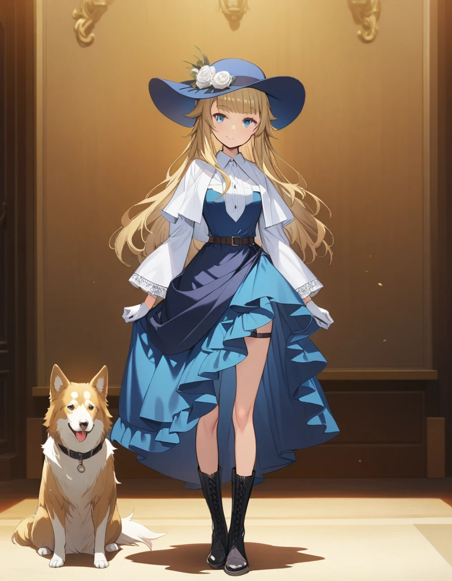 ((Best quality))), ((Ultra-detailed)), ((illustration)), ((Disheveled hair)), ((frilld)), (1 girl), (Solo),,1girl, flower, hat, rose, solo, standing, white_rose, rating:safe, belt, black_footwear, blonde_hair, blue_dress, blue_eyes, blue_hat, blue_headwear, boots, borzoi, clothing, cross-laced_footwear, dog, dress, female, female_only, footwear, gloves, hat_flower, headwear, long_hair, looking_at_viewer, makaria, smile, white_gloves