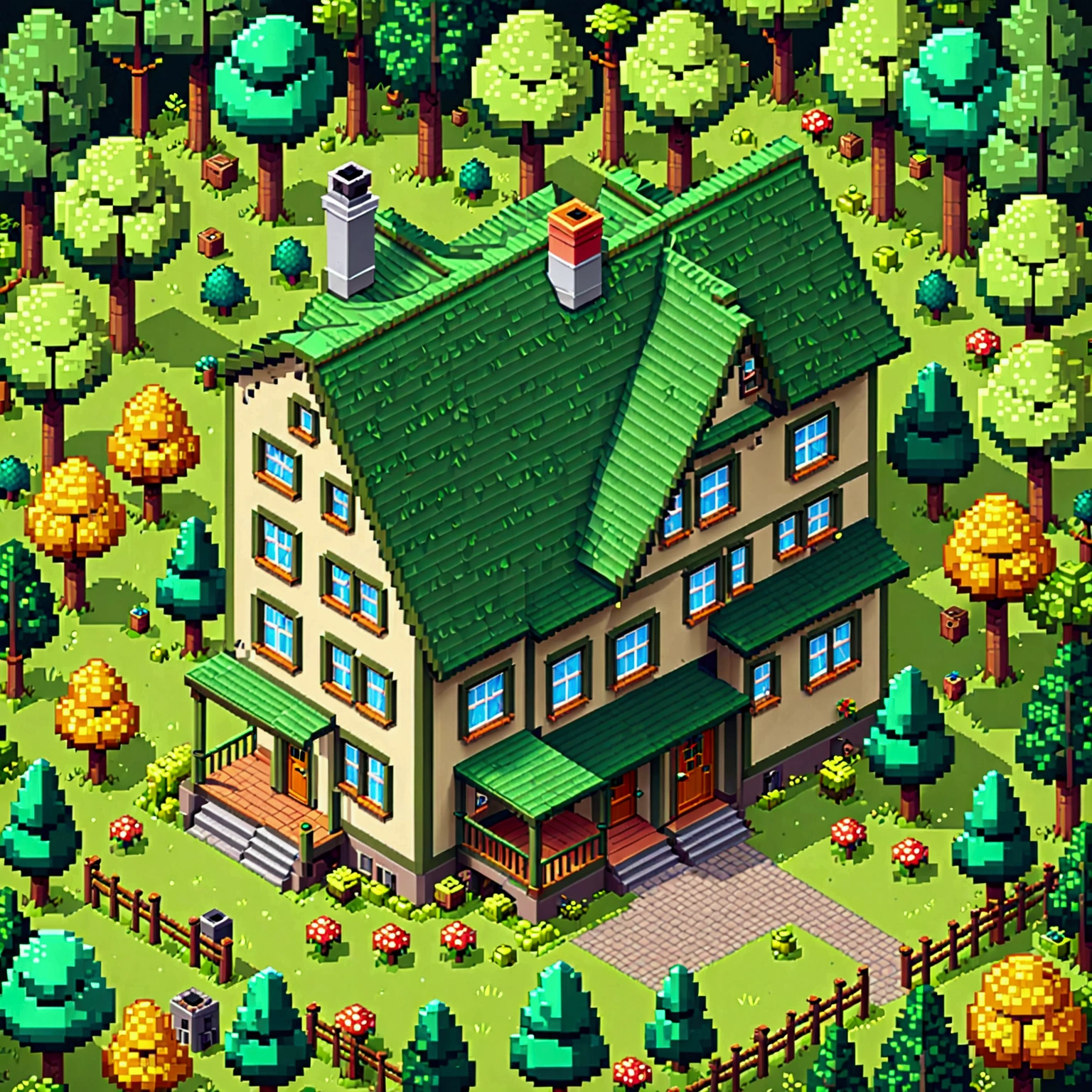 a house in a forest,a clean lines, top view, flat colors, pixel art, cartoon style, sprite for the game, front view, retro-games style