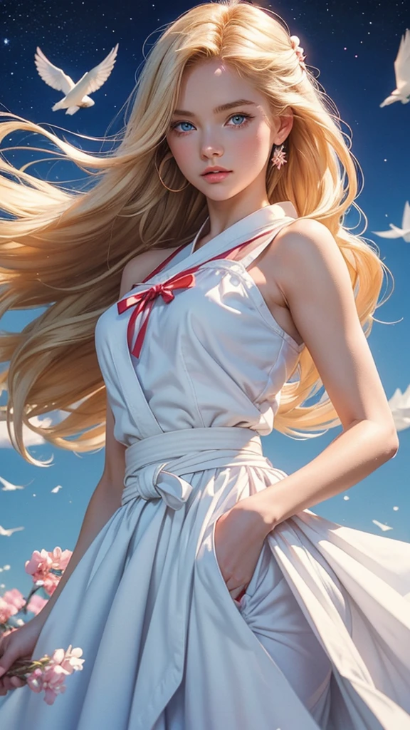 1990s retro anime illustration, a girl with long blonde hair and blue eyes, wearing a white dress with a black belt around her waist. Red bow in her left hand. There are blue and white flowers around her right shoulder. There is a blue night sky background behind her with white and pink birds flying in the air.