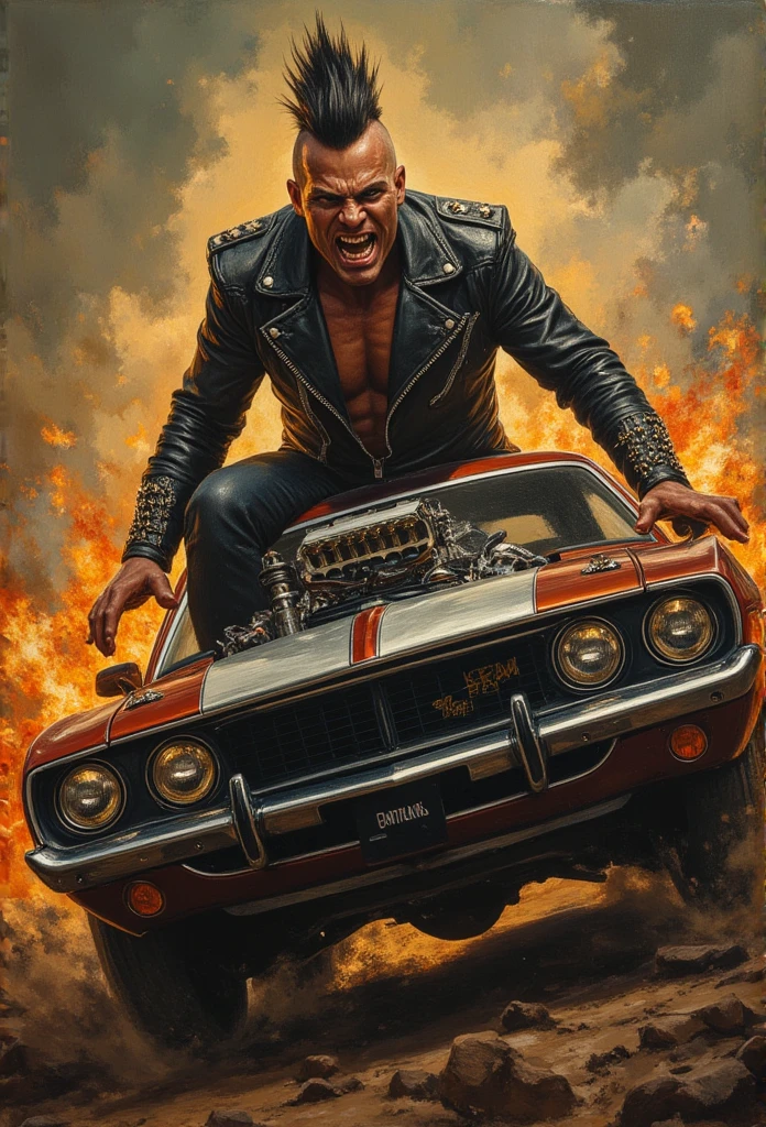 Picture of [Kurgan:Clancy Brown:0.1] the Immortal driving a muscle car like crazy with fierce and devious expression, wears a sipiked leather outfit and Mohawk punk rock star hairstyle, insanely detailed and intricate, realistic oil on canvas painting, Don Lawrence style