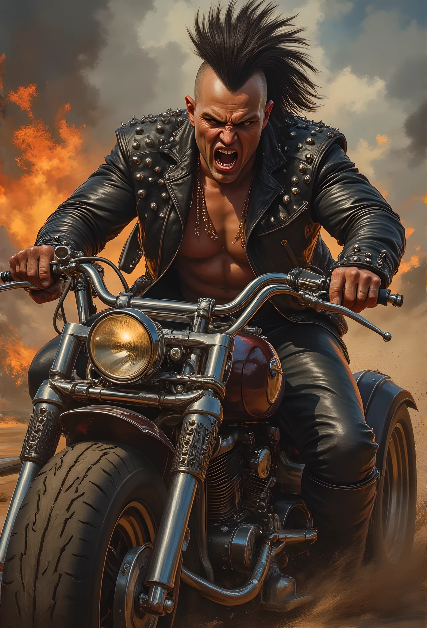 Picture of [Kurgan:Clancy Brown:0.1] the Immortal driving a muscle car like crazy with fierce and devious expression, wears a sipiked leather outfit and Mohawk punk rock star hairstyle, insanely detailed and intricate, realistic oil on canvas painting, Don Lawrence style