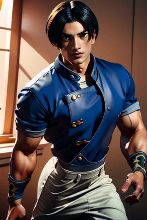 (  very detailed CG), (  best quality ), (  very detailed CG), (  best quality ), (Kyo Kusanagi ), (Overall view) SWAT Clothing, Beautiful and attractive young man,  toned muscles, Large breasts, 