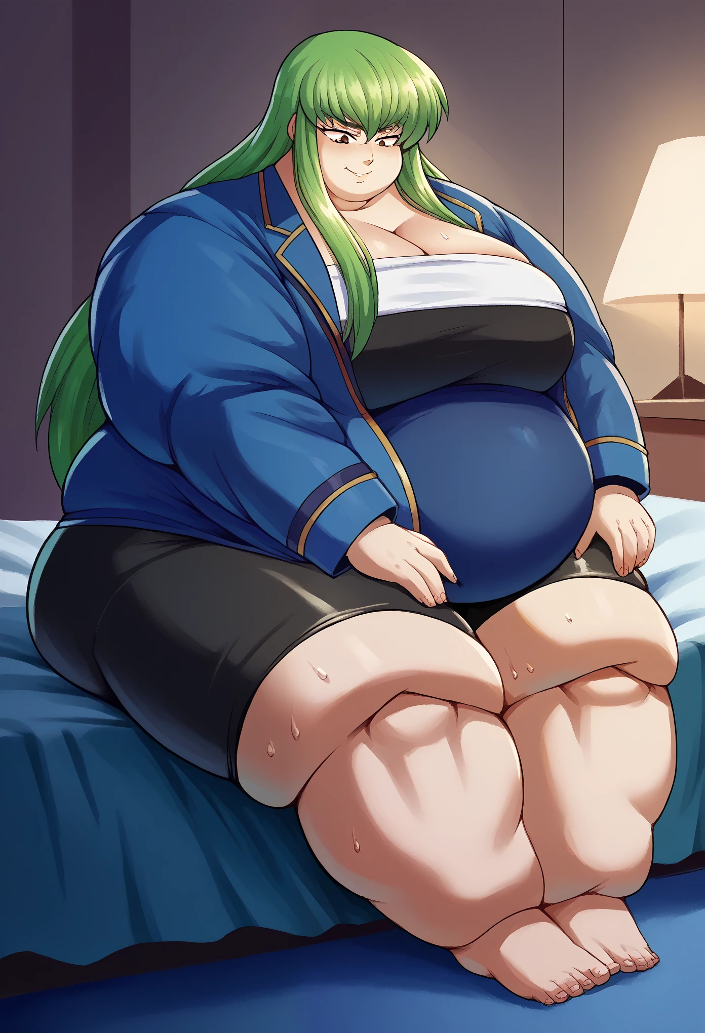 score_9, score_8_up, score_7_up, source_anime BREAK 1girl, body,codegeasscc, cc, brown eyes, green hair, long hair, straight hair, ganryu, tube top, blue jacket, black bike shorts, bedroom, smile, sitting on top of someone, sweating, growing fatter, fat, chubby, obese, full body shot, gigantic arms and legs