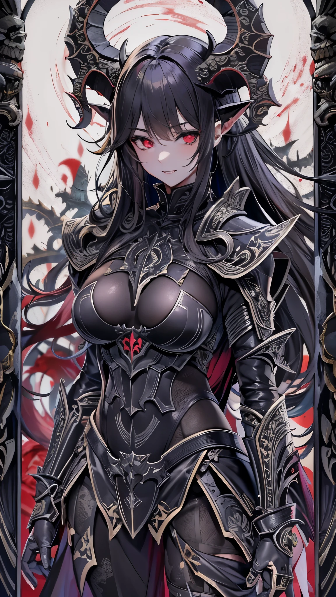 ((solo)), (woman), cherry red eyes, raven black hair, very long messy hair, vibrant red colored inner hair, (sculpted body), medium-big breasts, thick, mature body, a close up of a person with a scythe in a desolate land detailed key anime art, acheron, casimir art, masamune shiro, masamune, beautiful woman in demon slayer art, genshin, heise jinyao, shadowverse style, (no logos), eclipse, black powers, twilight scenery, detailed clothes, eye reflection, depth of field, cinematic lighting, ray tracing, depth of field, cinematic lighting, ray tracing, UHD, high details, best quality, highres, high quality, award winning, super detail, masterpiece, 8k, UHD, high details, best quality, highres, high quality, award winning, super detail, masterpiece, 8k