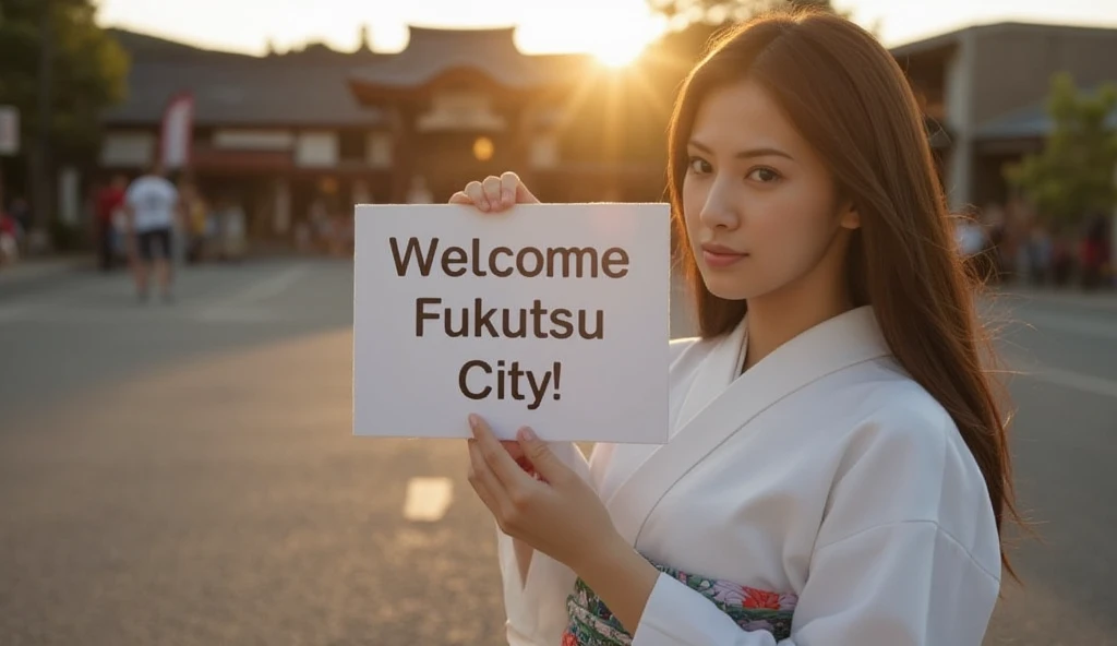 cowboy shot,  side face, 1 woman, beautiful young Japanese  actress,  30-age, (black hair ,long straight hair, beautiful brown eye, smile), (C cup breasts, wide hip), ( Japanese traditional Kimono, kimono's below  flower pattern , White obi with flower pattern, obi string ) ,  White board hold both hands, writing word "Welcome Fukutsu City" front Shinto shrine, The Road of Light , sunset , (super detail, high details, high quality, accurate, anatomically correct, textured skin, beautiful fingers super detail, high details, high quality, best quality)