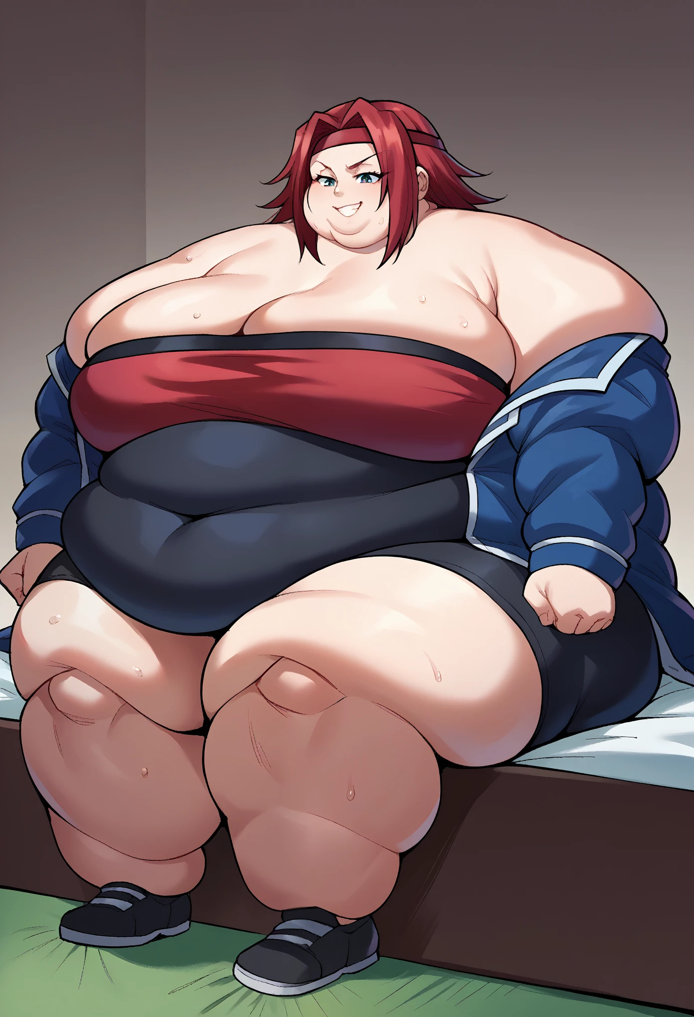 score_9, score_8_up, score_7_up, source_anime BREAK 1girl, body, kallen stadtfield, red hair, red headband, ganryu, tube top, blue jacket, black bike shorts, bedroom, smile, sitting on top of someone, sweating, growing fatter, fat, chubby, obese, full body shot, gigantic arms and legs