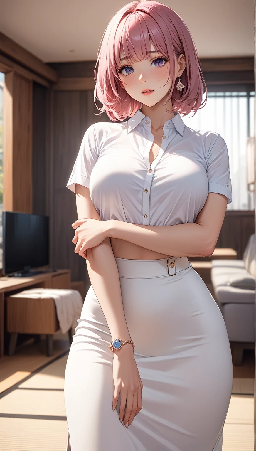 (((masterpiece))),(((High resolution)))、(((8K)))、(((perfect face)))、one beautiful Woman, (((beauty of japan)))、30 years old、(((beautiful face))), Detailed eyes and skin, pink short hair, detailed facial features, white shirt open, white tight long skirt, spandex long skirt. embarrassed look, look at the camera, standing up, detailed texture, look at the camera, all body, big, cool women, living room, casual secretary, sexy pose (((high resolution eyes)))