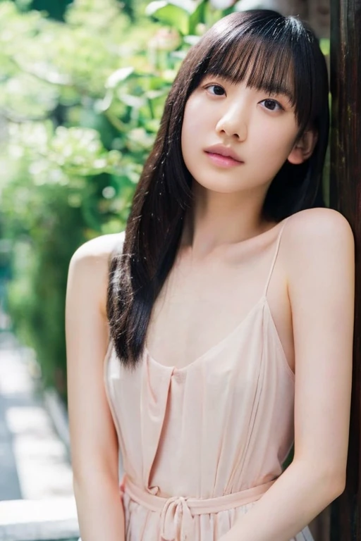 beautiful young japanese woman,Ashida Mana, full body portrait, nude, pink nipple, cute belly button ,expressionless face, extremely detailed facial features, highly detailed skin, delicate hands, long black hair, natural lighting, photorealistic, 8k, high resolution, masterpiece, cinematic, dramatic lighting, cool color tones, sharp focus, ultra detailed, white background, look straight ahead, knees are straight, arms along the sides of the body