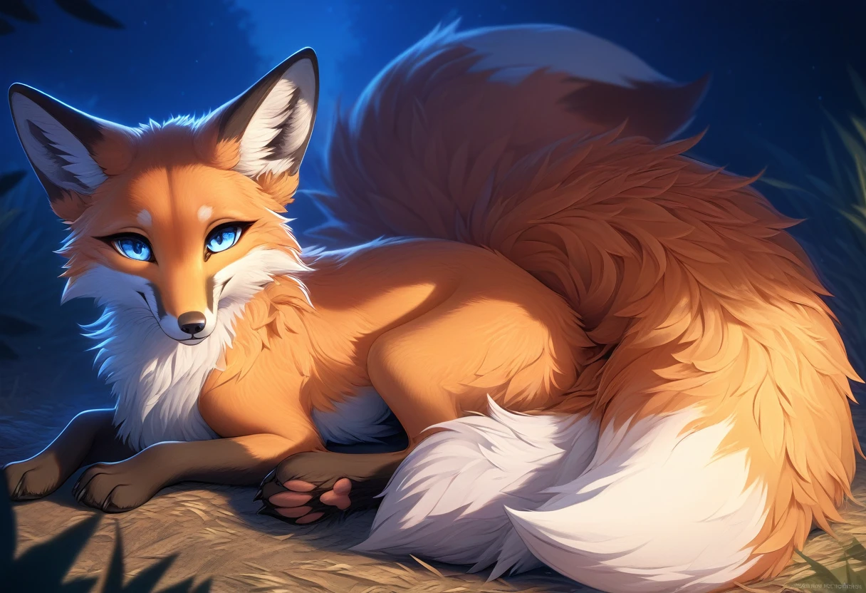 Extreme detail, full body, Detailed eyes, (Shaded), (Detailed lighting), (Cinematic lighting), (Masterpiece, hi res, high resolution, High details, Best quality, high sharpness:1.3), high definition, BREAK, woven, beautiful, cute, fox ears, (long and fluffy fox tail), (digitigrade, fox paws on feet), (elongated fox snout), orange fur, feral fox, feral, animal, kitsune, red fox, lying on ground curled up with tail wrapped around self, smiling cutely, looking at viewer, night