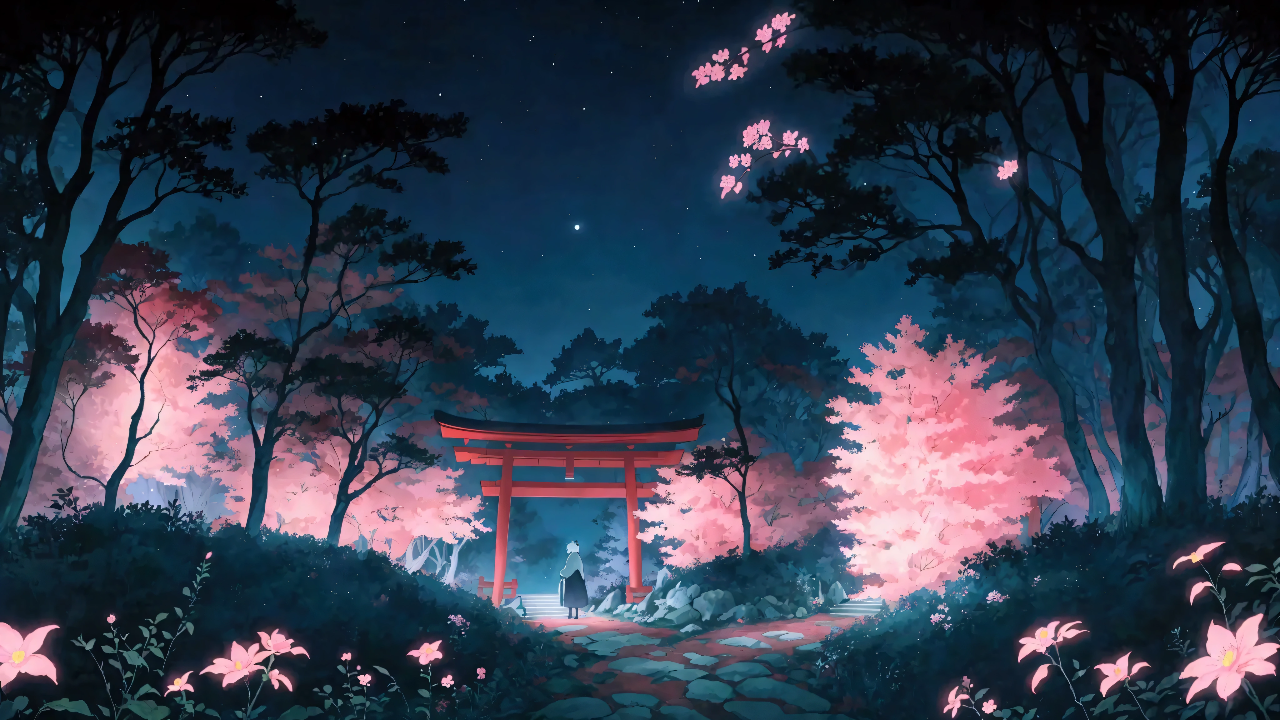 Glowing Forest Dark Night Sparkling , Lofi anime style , floral , landscape , natural , Glowing Flower , japanese ,Japan