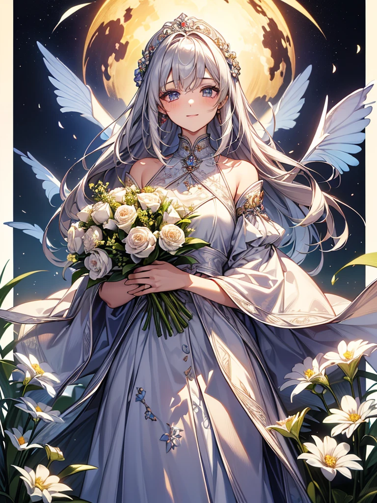 (masterpiece、top-quality、Awareness-raising、Extremely high quality、 For high level image quality 、  very delicate sentence )Girl with long silver hair standing in a beautiful flower garden、A gentle smile、 she has a big bouquet of flowers 、Cute ethnic dress， there are ruffles on her shoulders 、 hair fluttering in the wind