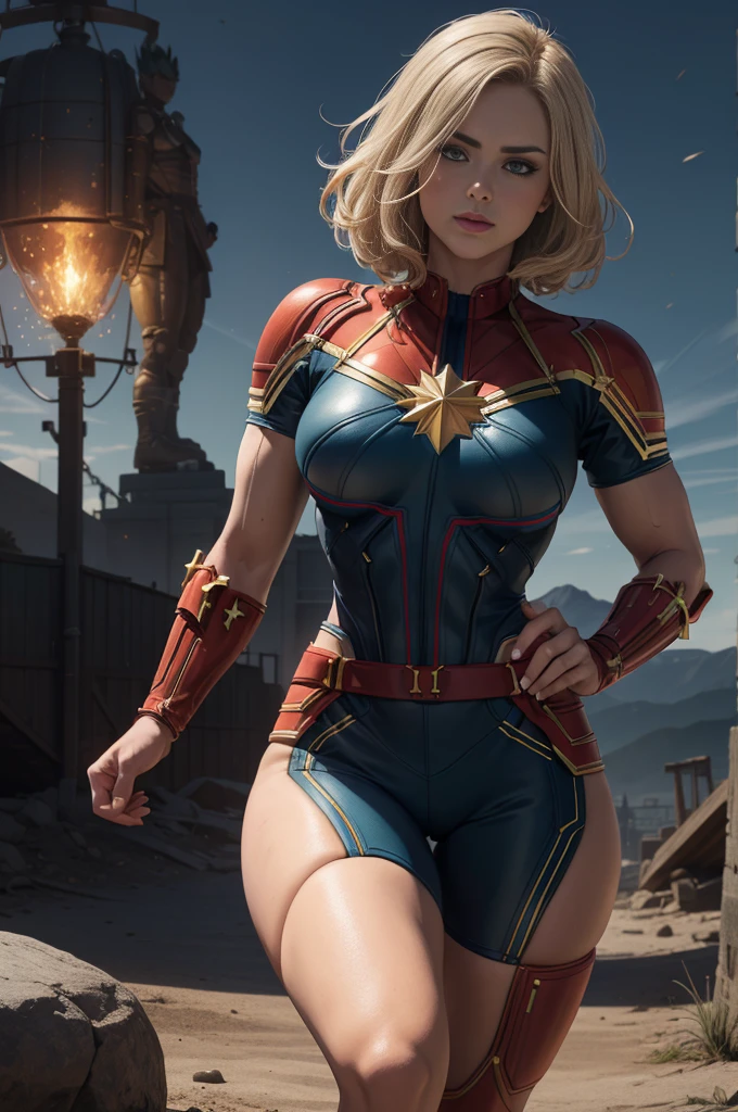 realistic 1.2, Gwen Tennyson, powerful girl, Captain Marvel , orange and silver,  white lycra short sleeve top, muscle girl,  steel cargo pants , short hair cute makeup, green eyes,  dimensional gold hair ,  shy smile , freckles, beautiful girl, athletic body,  BIG BREASTS, 8k, ultra detalhado, realistic, fantasy art, Saiyan armor, Cyborg Armor, steel armor, coast of the port, military uniform, piercings na orelha, hair clip, super saiyan girl, Saiyan feminino, vfx (Visual Effect)  highlights intricate anatomical features in a perfect way. sfx, complement visual art, immersing the viewer. The level of detail is inspiring,  with meticulously crafted intricate elements ,  Volumetric effects add depth and dimension , and the photorealism is unmatched.  The image is rendered in 8K resolution ,  ensuring super-detailed visuals . Volumetric lightning adds a touch of magic,  highlighting their beauty and the aura of a supernatural form .  High Dynamic Range technology  (HDR)  makes the cores stand out , adding richness to the overall composition. Finally, this art presents an unreal portrait.