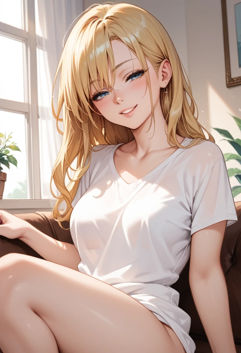 perfect details,  a sexy woman wearing her wavy and long blonde hair, looking seductively and smiling, half-closed eyes  ,soft lips, blushed intensely, wide white shirt t-shirt  ,thick thighs,and way,seductive pose, medium chest,  perfect body , 